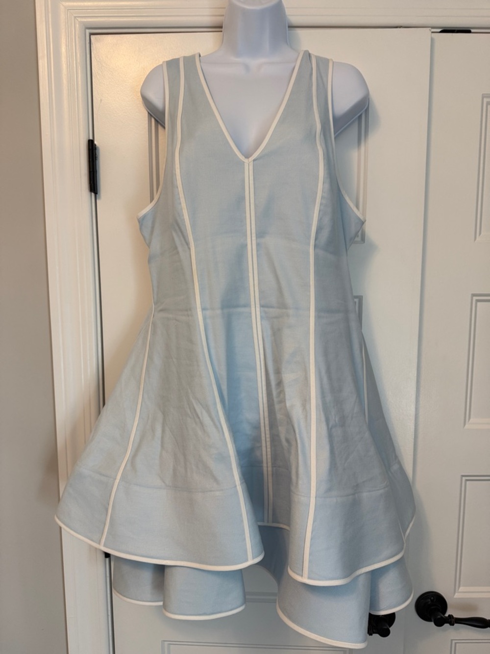 Maeve Light Blue Sleeveless High-Low Dress with White Trim